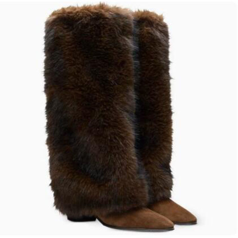 Brown Suede Plush Fur Knee Hig - Street Fashion Winter review and price